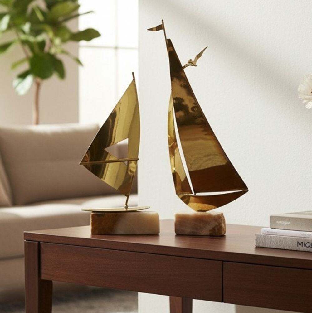 Brass Copper Steel Sailboat Nautical Metal Art Sculpture Onyx Base Lot of 2
